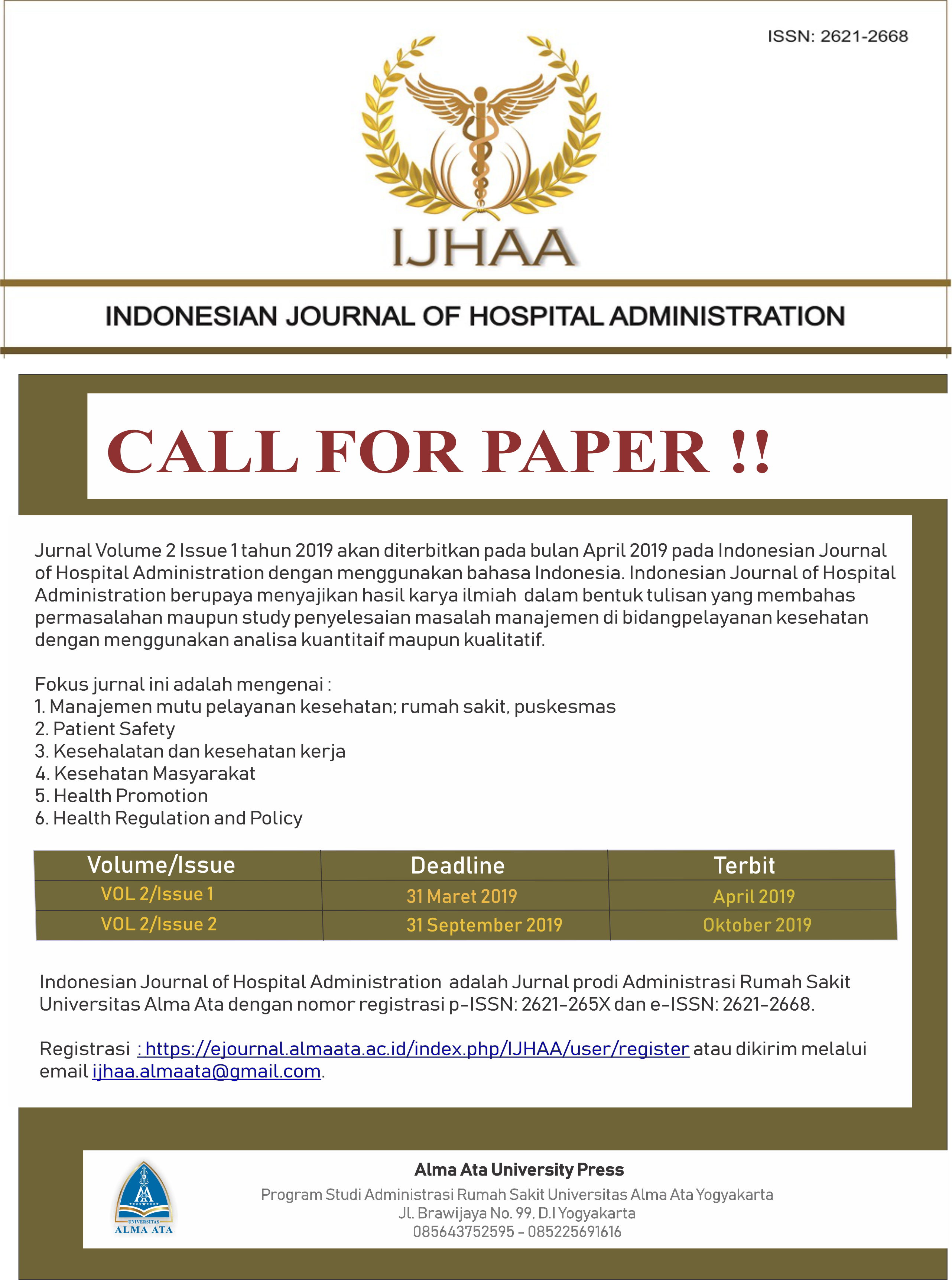 Indonesian journal of Hospital Administration Call For Paper Journal Volume 2 Issue 1